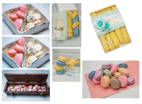 Cake macaron or macaroon on turquoise background from above, colorful almond Fotos Stock