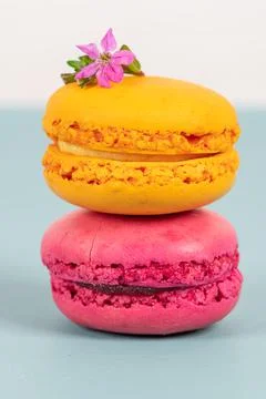 Cake macaron or macaroon on turquoise background from above, colorful almond  Fotos Stock