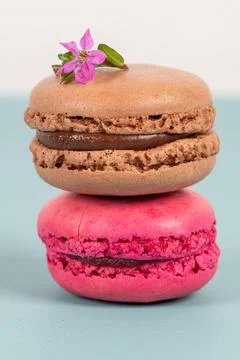 Cake macaron or macaroon on turquoise background from above, colorful almond  Fotos Stock