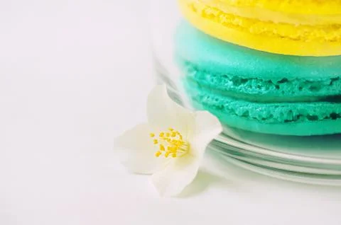 Cake macaron or macaroon on white background, sweet and colorful dessert Stock Photos