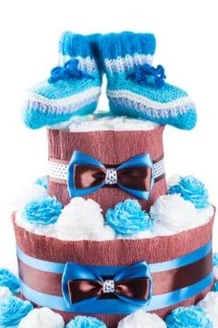 Cake made from diapers on white background Stock Photos
