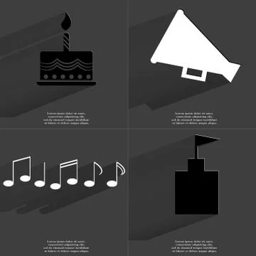 Cake, Megaphone, Notes, Flag tower icon sign. Set of Symbols with Flat design Stock Illustration