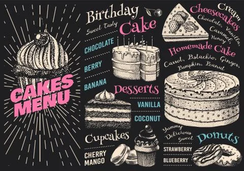 Cake menu. Hand drawn bakery product. Sweet Food on chalkboard. Vintage donut Ilustração Stock