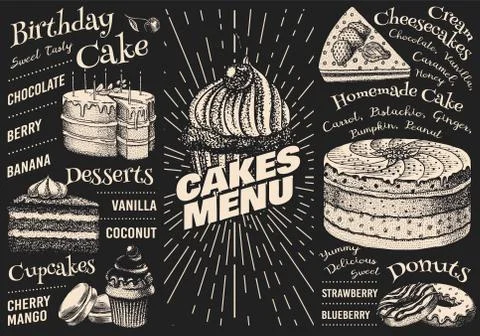 Cake menu. Hand drawn bakery product. Sweet Food on chalkboard. Vintage donut Ilustração Stock