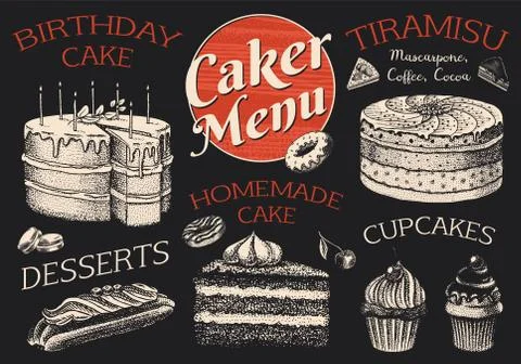 Cake menu. Hand drawn bakery product. Sweet Food on chalkboard. Vintage donut イラスト素材
