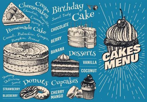 Cake menu. Hand drawn bakery product. Sweet Food on chalkboard. Vintage donut イラスト素材