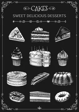 Cake menu. Hand drawn bakery product. Sweet Food on chalkboard. Vintage donut Stockillustratie