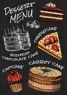 Cake menu. Hand drawn bakery product. Sweet Food on chalkboard. Vintage donut Illustrazione stock