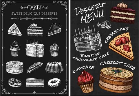 Cake menu. Hand drawn bakery product. Sweet Food on chalkboard. Vintage donut Stock Illustration
