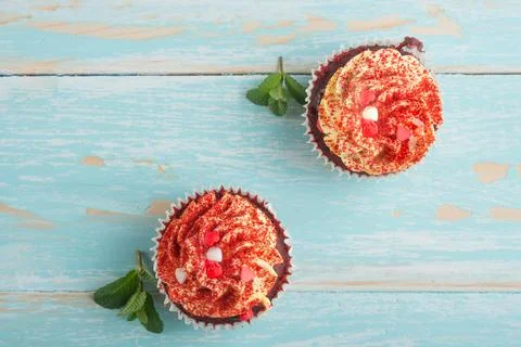 Cake with mint on light background, close-up, top view Stock Photos