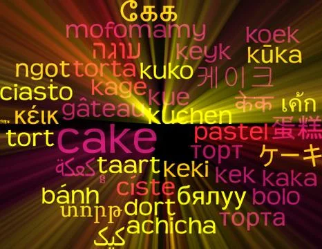 Cake multilanguage wordcloud background concept glowing Stock Illustration