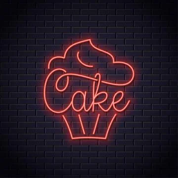 Cake neon logo of bakery. Cupcake dessert neon Stock Illustration