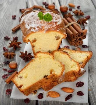 Cake with nuts and spices on gray background Stock Photos