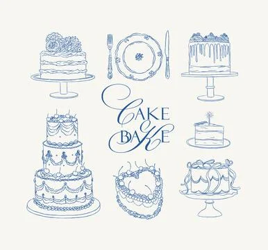 Cake one and two tier collection blue Stock Illustration
