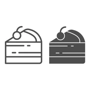 Cake piece line and solid icon, Street food concept, slice of pie with cherry Stock Illustration