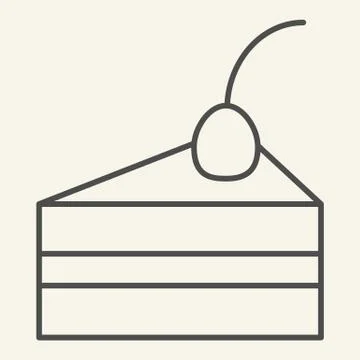 Cake piece thin line icon. Delicious dessert with cream and cherry outline style Illustrazione stock