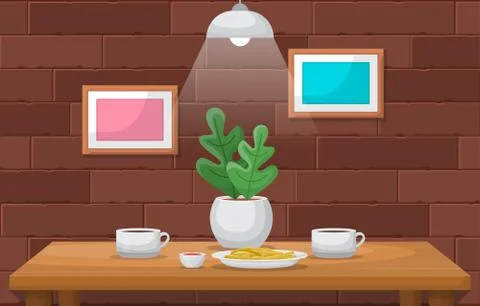 Cake Plant Cup of Coffee on Table Cafe Restaurant Illustration Stock Illustration