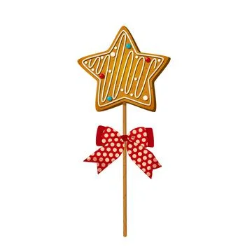 Cake pop with gingerbread cookie in shape of star in cartoon style. Sweet Stock Illustration