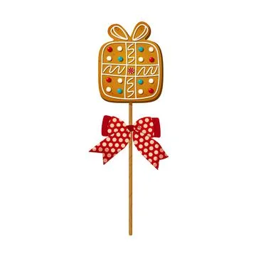 Cake pop with gingerbread cookie in shape of present box in cartoon style. Sweet Stock Illustration