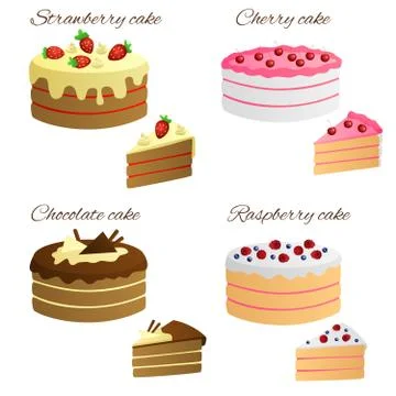 Cake raspberry strawberry chocolate cherry sweet food set illustration vector Stock Illustration