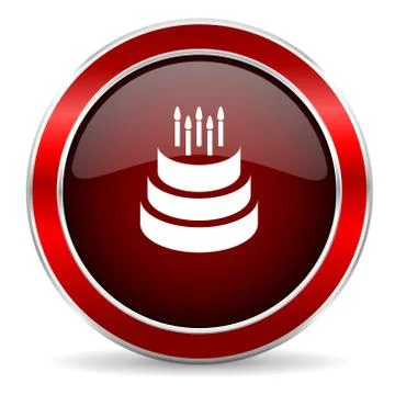 Cake red circle glossy web icon, round button with metallic border Stock Illustration
