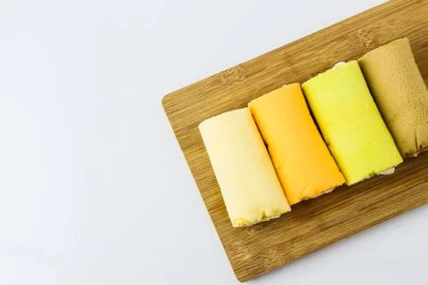 Cake roll flat lay on white isolated Stock Photos