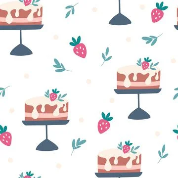 Cake seamless pattern. Strawberry cake. Sweet food background. Printing on fa Stock Illustration