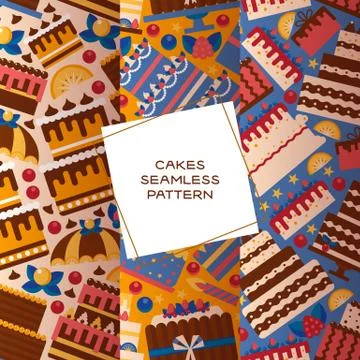 Cake seamless pattern vector illustration. Chocolate and fruity desserts for Ilustração Stock