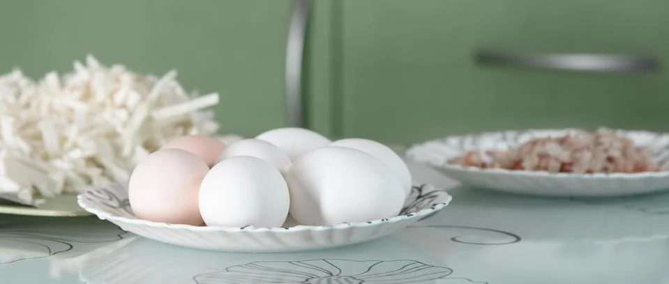 Cake set, cabbage eggs and fried onions cooked for a pie. Stock Photos