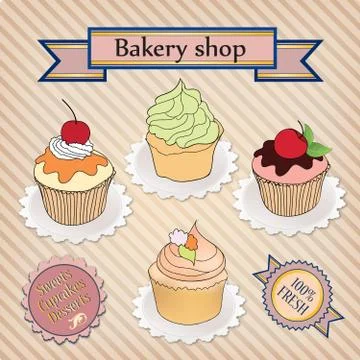 Cake set. Cafe Menu Background. Bakery Label. Sweet, Dessert Stock Illustration