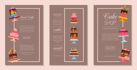 Cake set of cards vector illustration. Chocolate and fruity desserts for sweet Ilustración de archivo