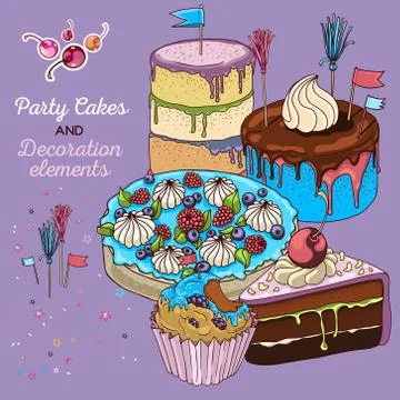 Cake set with decoration elements Stock Illustration