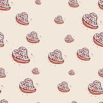 Cake in the shape of heart Hand drawn sketch on pink background seamless patt Stock Illustration