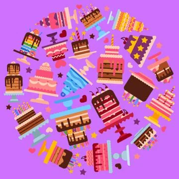 Cake shop round round pattern vector illustration. Chocolate and fruity desserts Illustrazione stock