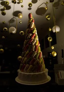 Cake in the showcase window of a bakery store in France Stock Photos