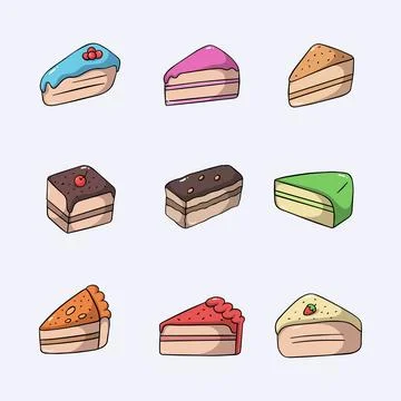 Cake slice Cartoon Icon Collection. Hand drawn style with outline. isolated.. Stock Illustration