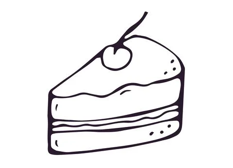 Cake Slice with Cherry on Top Hand Drawn Doodle Clipart Stock Illustration