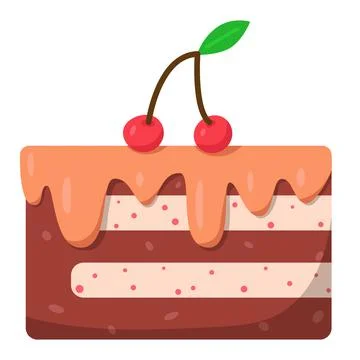 Cake slice with cream and cherries. Cute illustration in cartoon flat style. Hap Stock Illustration