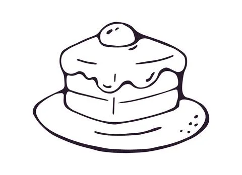 Cake Slice with Glaze on Plate Hand Drawn Doodle Clipart Stock Illustration