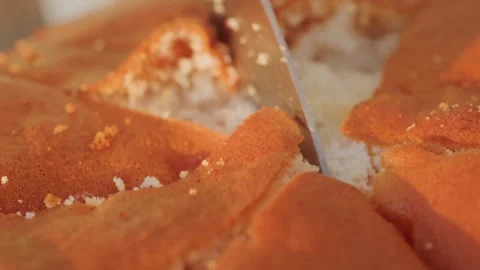 Cake slice imagery. Closeup of moist cake ending. Detailed shot of bread with Stock Footage 332518873