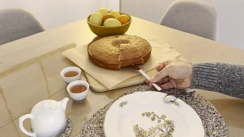 Cake Slice Serving Hand Tea Time Modern Table 4K Stock Photos