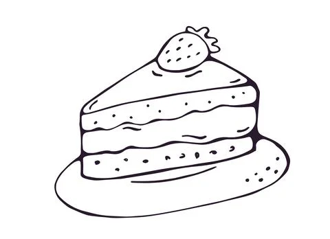 Cake Slice with Strawberry on Plate Hand Drawn Doodle Stock Illustration