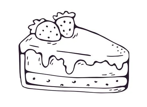 Cake Slice with Two Strawberries and Glaze Hand Drawn Doodle Stock Illustration