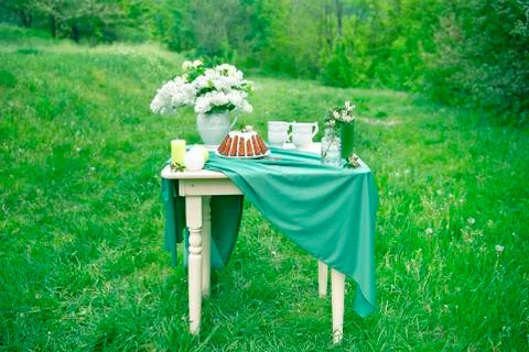 Cake with some cups on picnic table decorated with flowers, candles, vase in Stock Photos