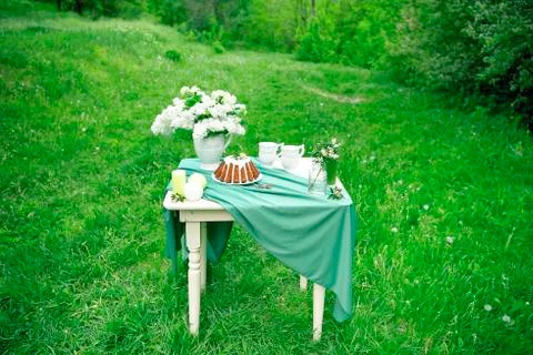 Cake with some cups on picnic table decorated with flowers, candles, vase in Stock Photos