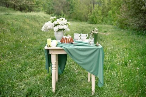 Cake with some cups on picnic table decorated with flowers, candles, vase in Stock Photos