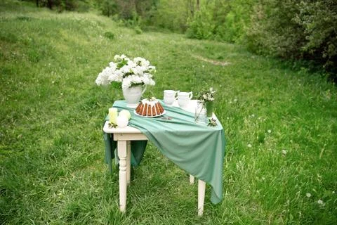 Cake with some cups on picnic table decorated with flowers, candles, vase in Stock Photos