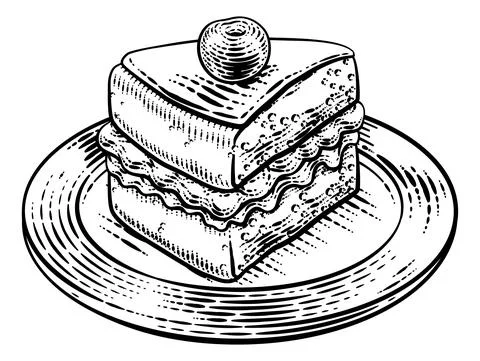 Cake Sponge Slice Jam Cream Woodcut Drawing Stock Illustration
