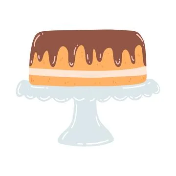 Cake on a stand in flat style. Hand drawn vector illustration of chocolate cake Stock Illustration