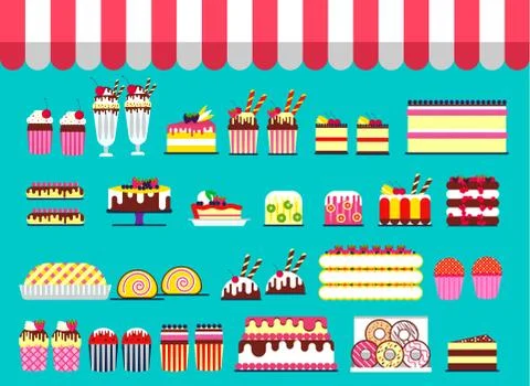 Cake stand in shop illustration. Vector sweet for party background. Food icon Stock Illustration